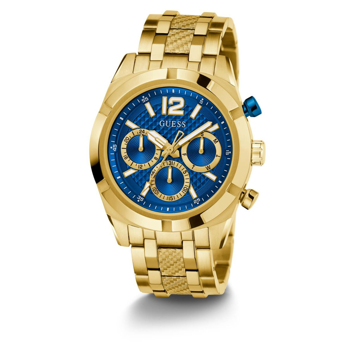 Gold-tone stainless steel wristwatch with blue dial and three subdials, angled view