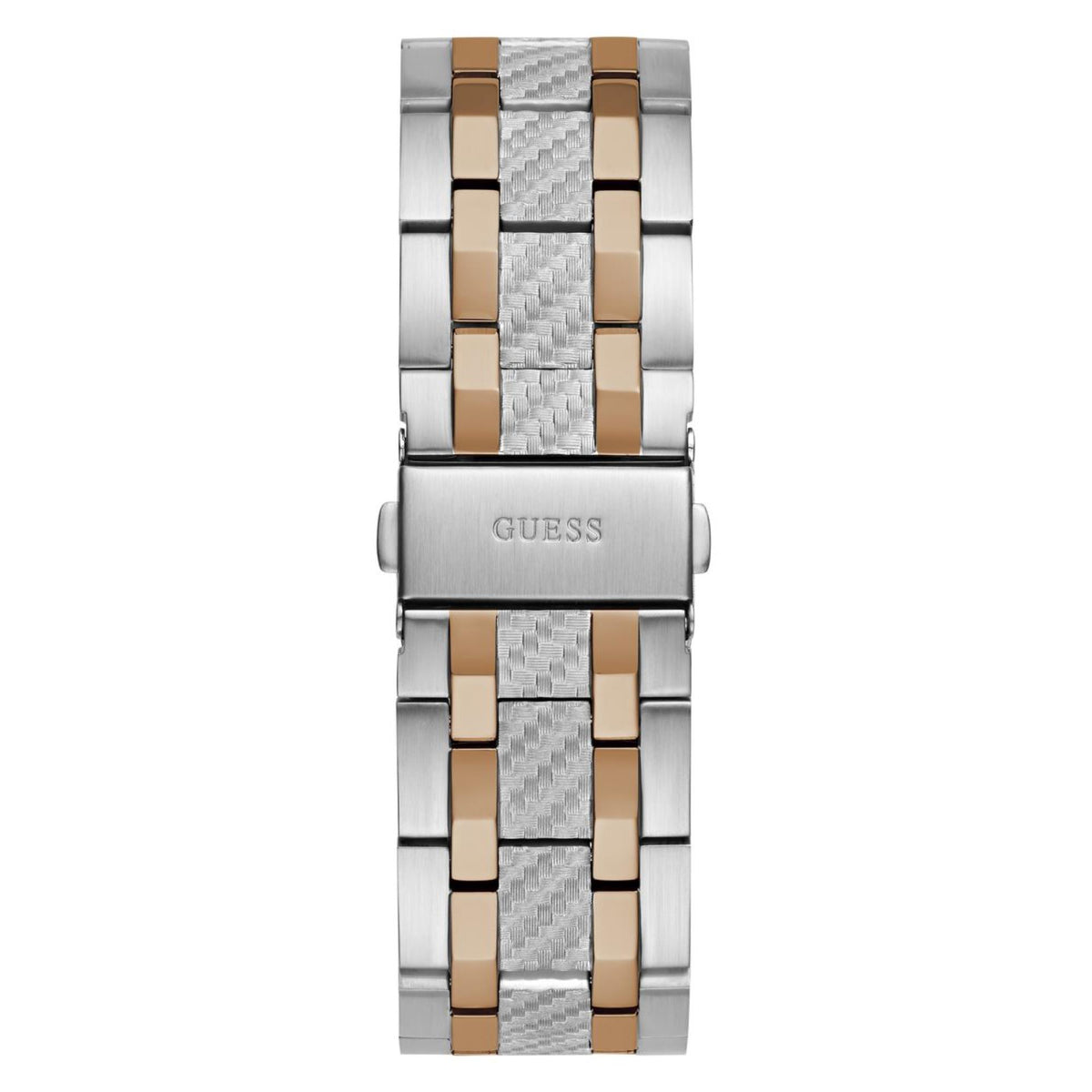 Men's stainless steel watch bracelet with blue dial and rose-gold accent strips.