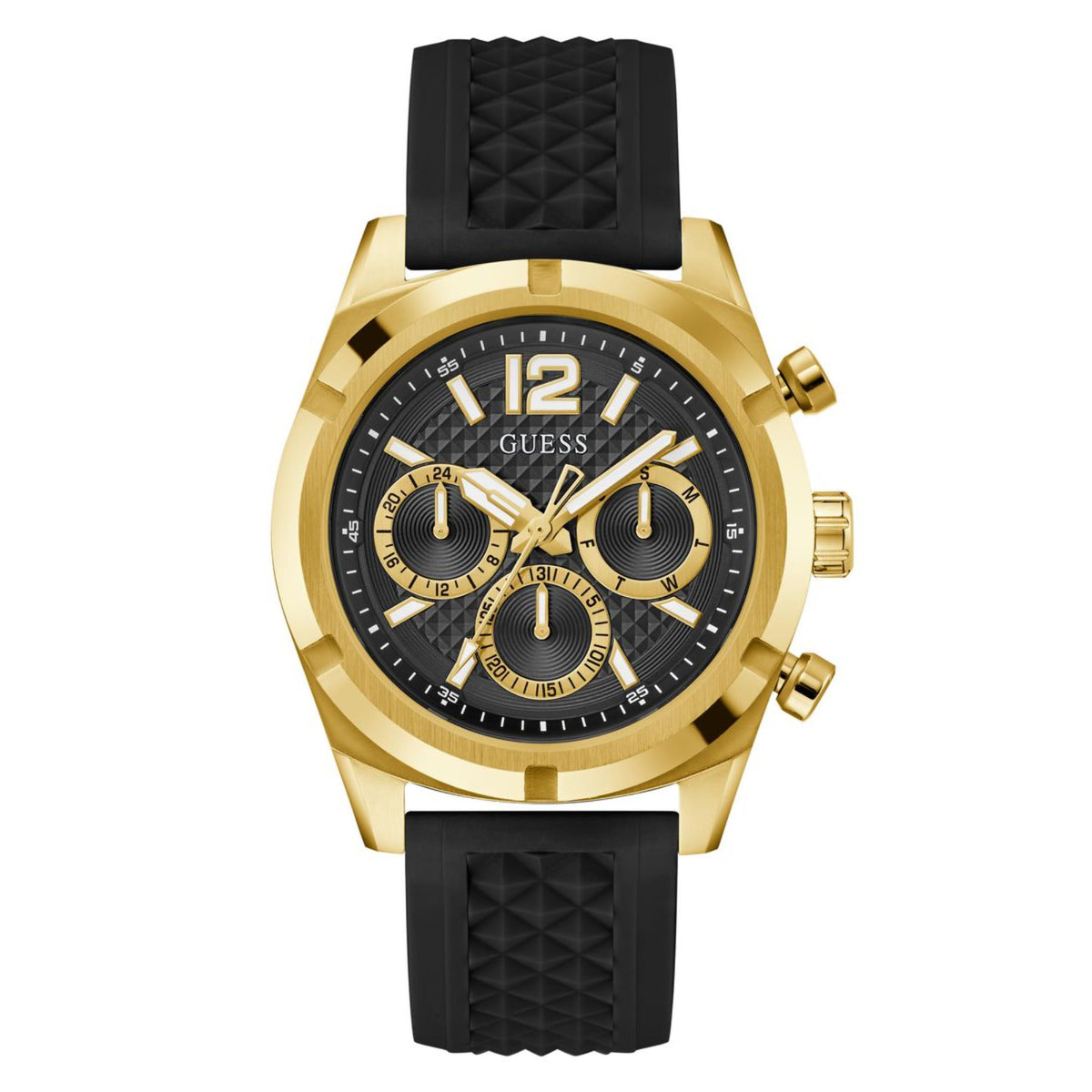 Men's gold-tone chronograph watch with black dial and black silicone strap.