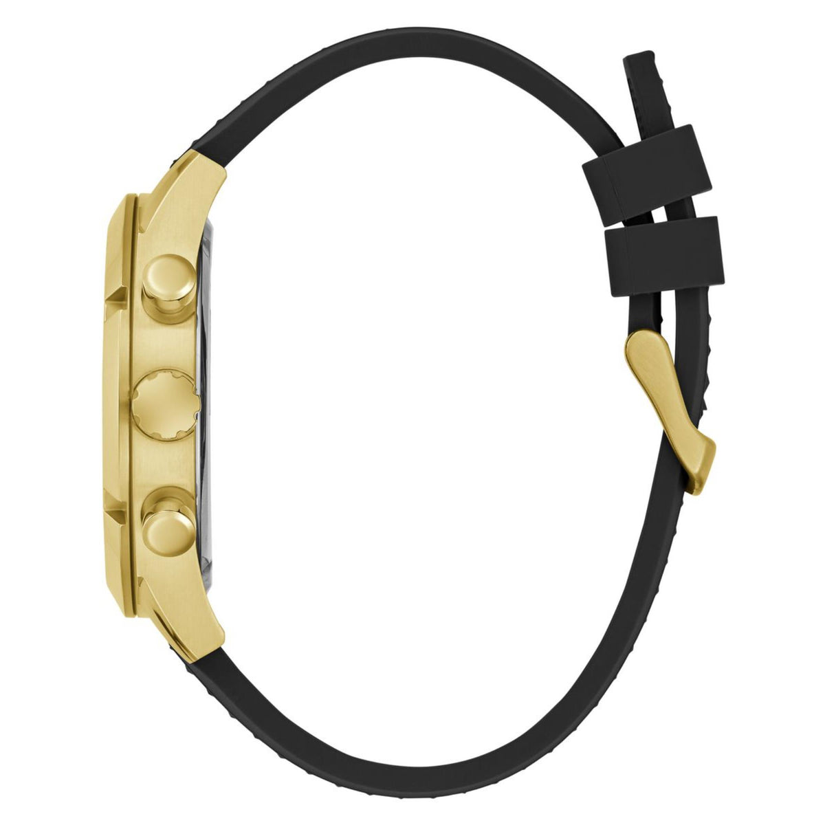 Men's watch strap side view: black silicone band with gold-tone case and clasp.