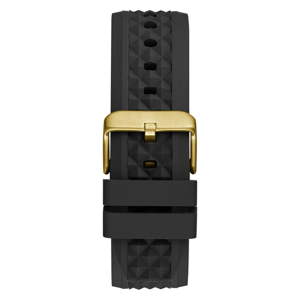Men's black silicone watch strap with textured pattern and gold-tone clasp detail.