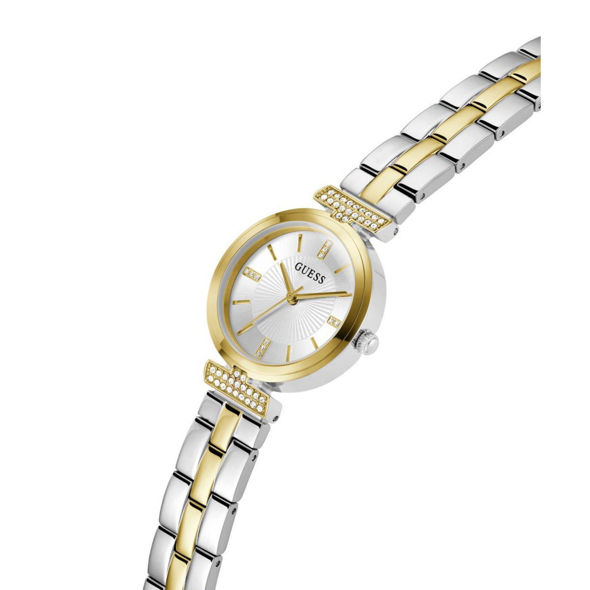 Two-tone Guess women’s watch angled view with white dial, gold bezel, and crystal accents