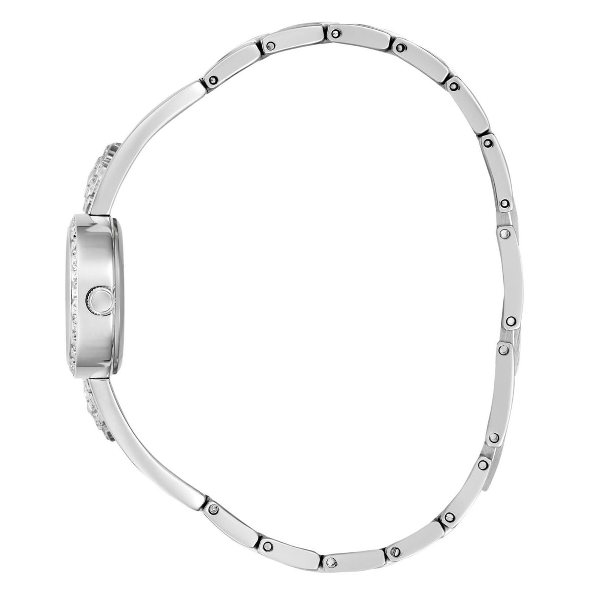 Silver stainless steel watch bracelet with round link settings and side panel accents