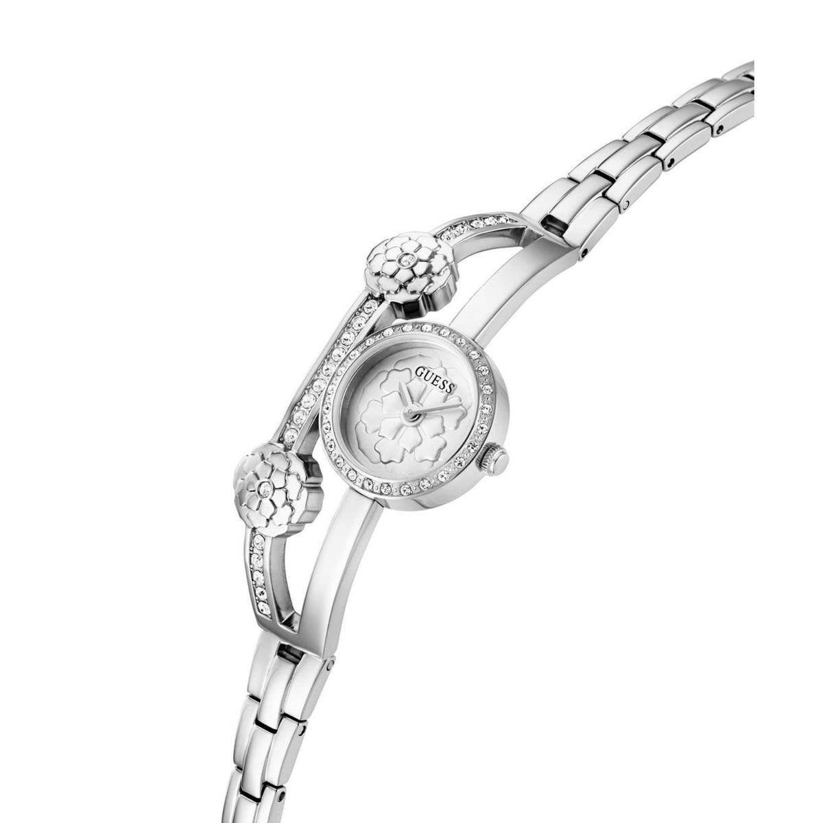 Silver watch with round dial, stone bezel, and floral charm details on the link bracelet