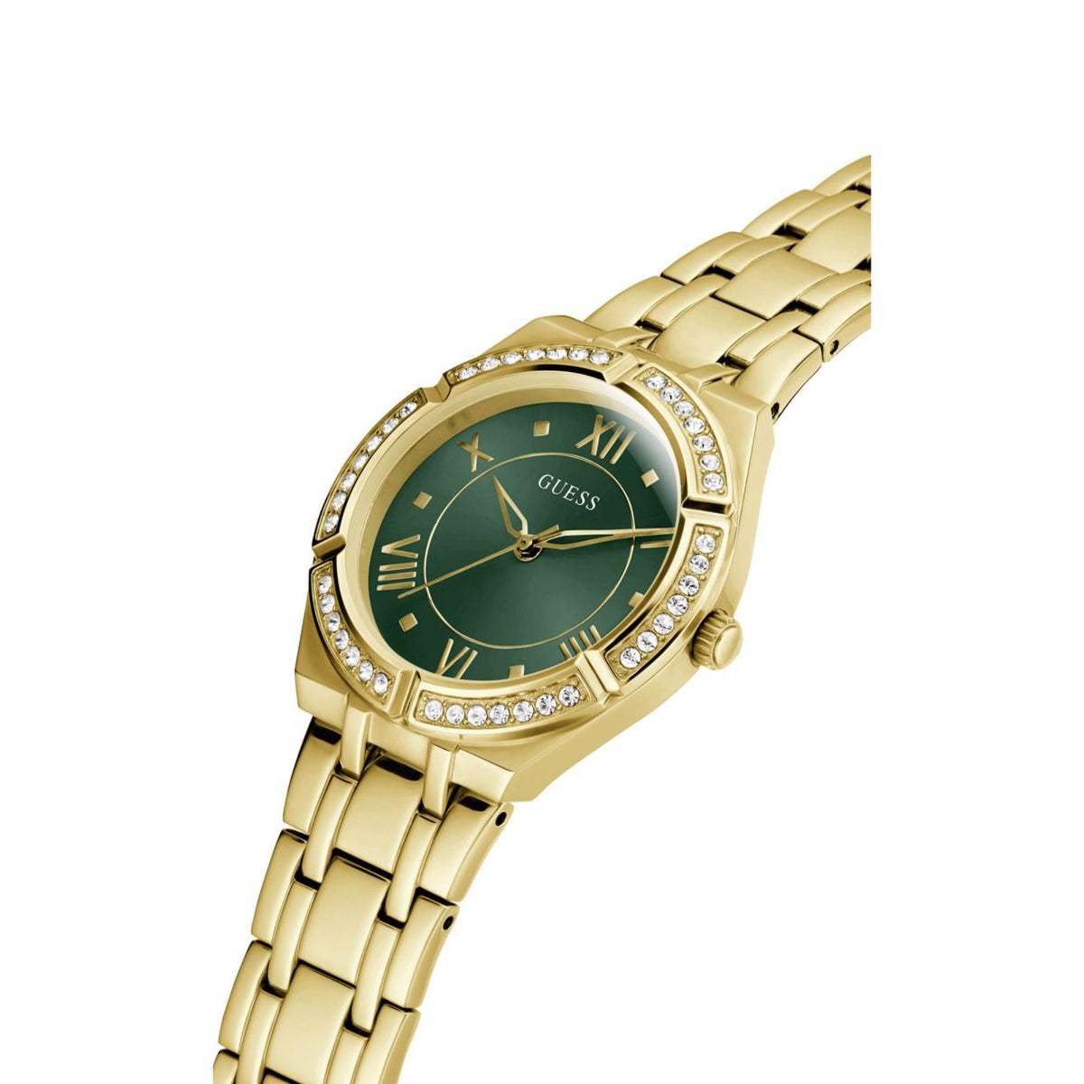 Close-up of gold-tone watch face with green dial, Roman numerals, and crystal bezel