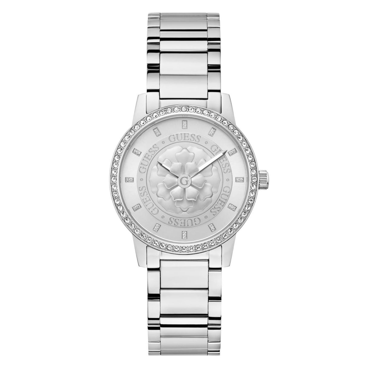Women’s silver-tone stainless steel watch with bracelet, crystal bezel, and gray dial