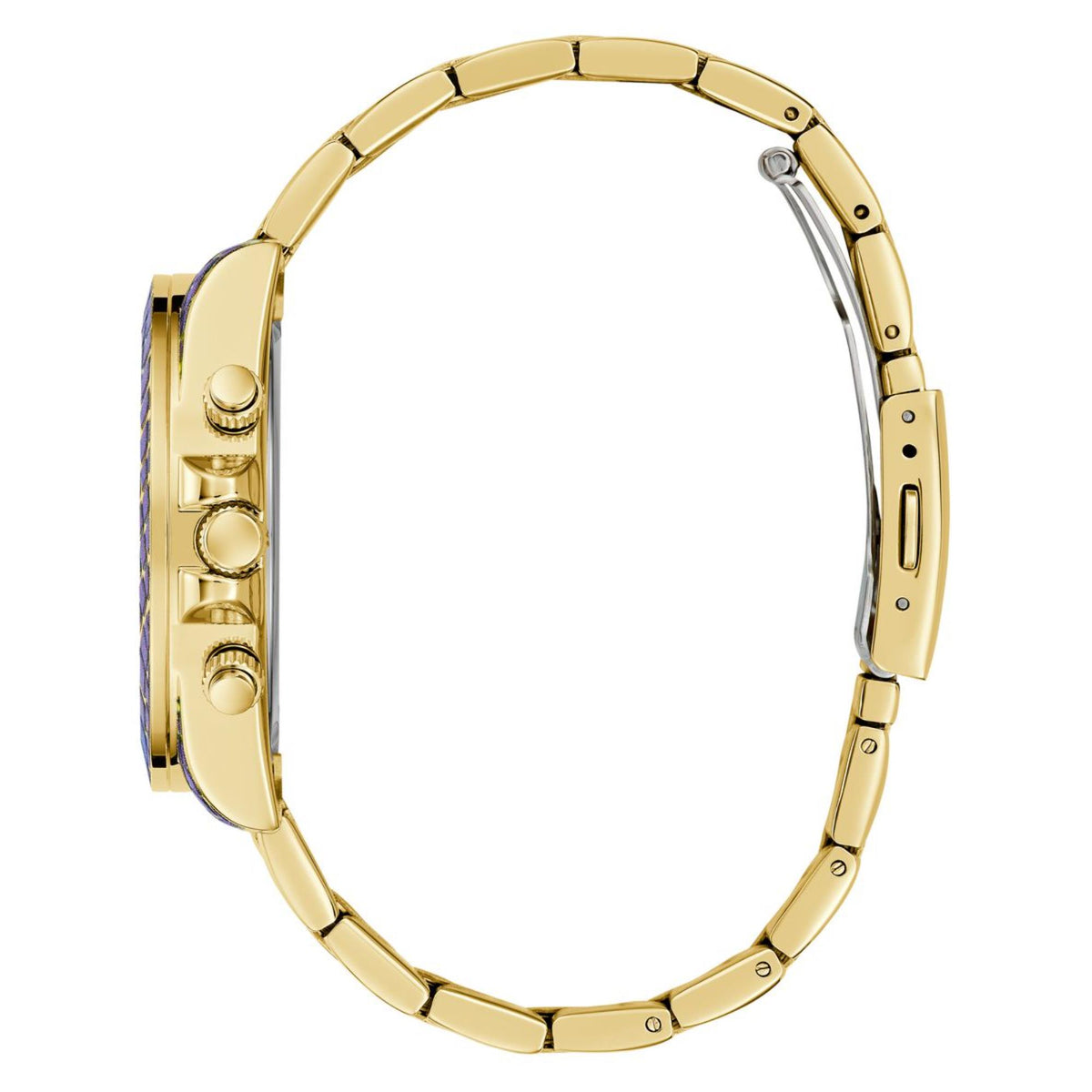 Women's gold-tone stainless watch case with side buttons, curved bezel, link bracelet