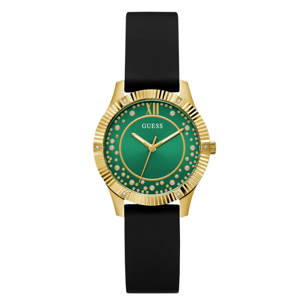 Guess women's watch with green starry dial, gold-tone bezel, and black silicone strap