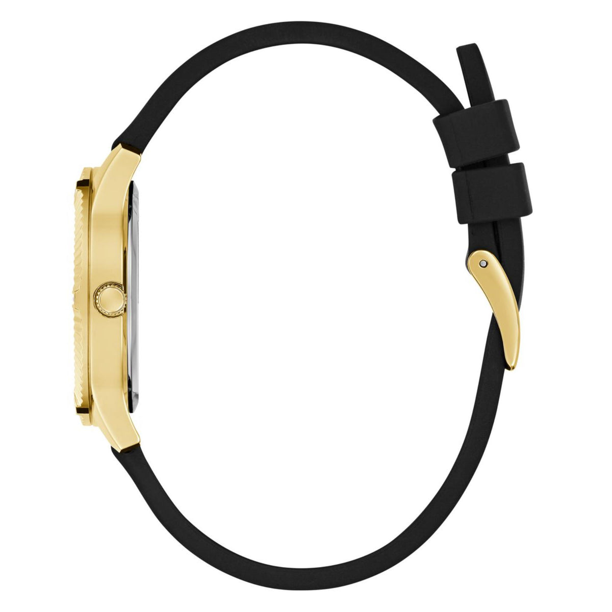 Guess women's watch side view with black silicone strap and gold-tone case