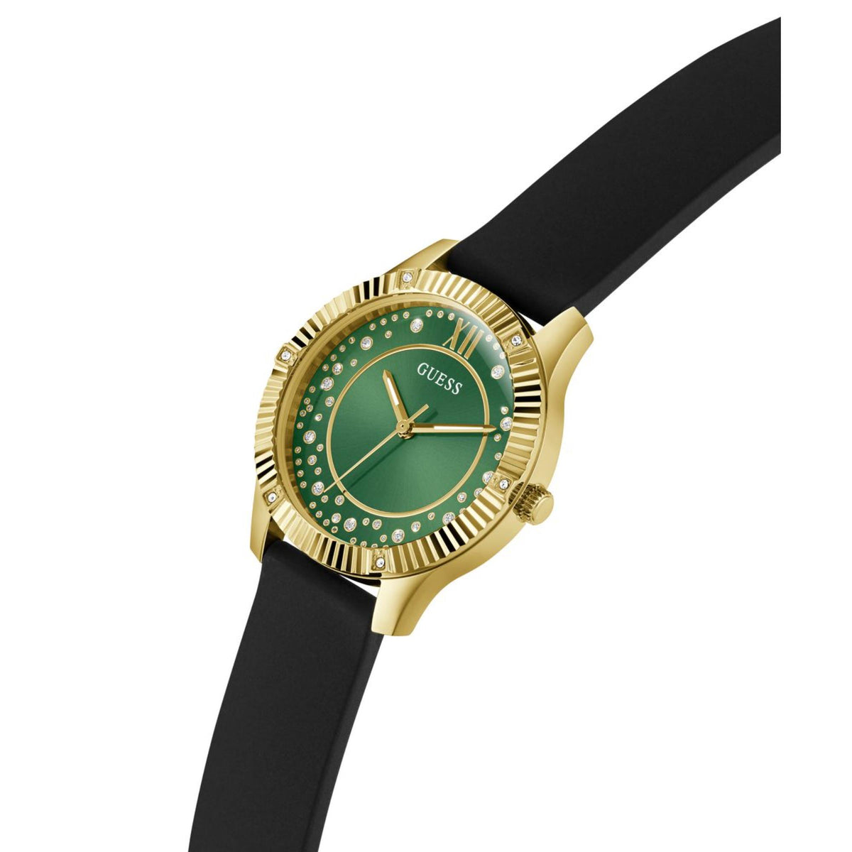 Guess women's watch angled view, green dial with gold-tone bezel and black silicone strap