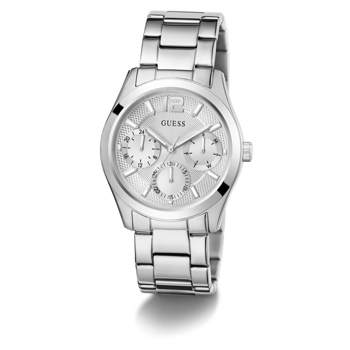 Guess Zoe silver stainless steel women's watch with silver multi-dial face and bracelet