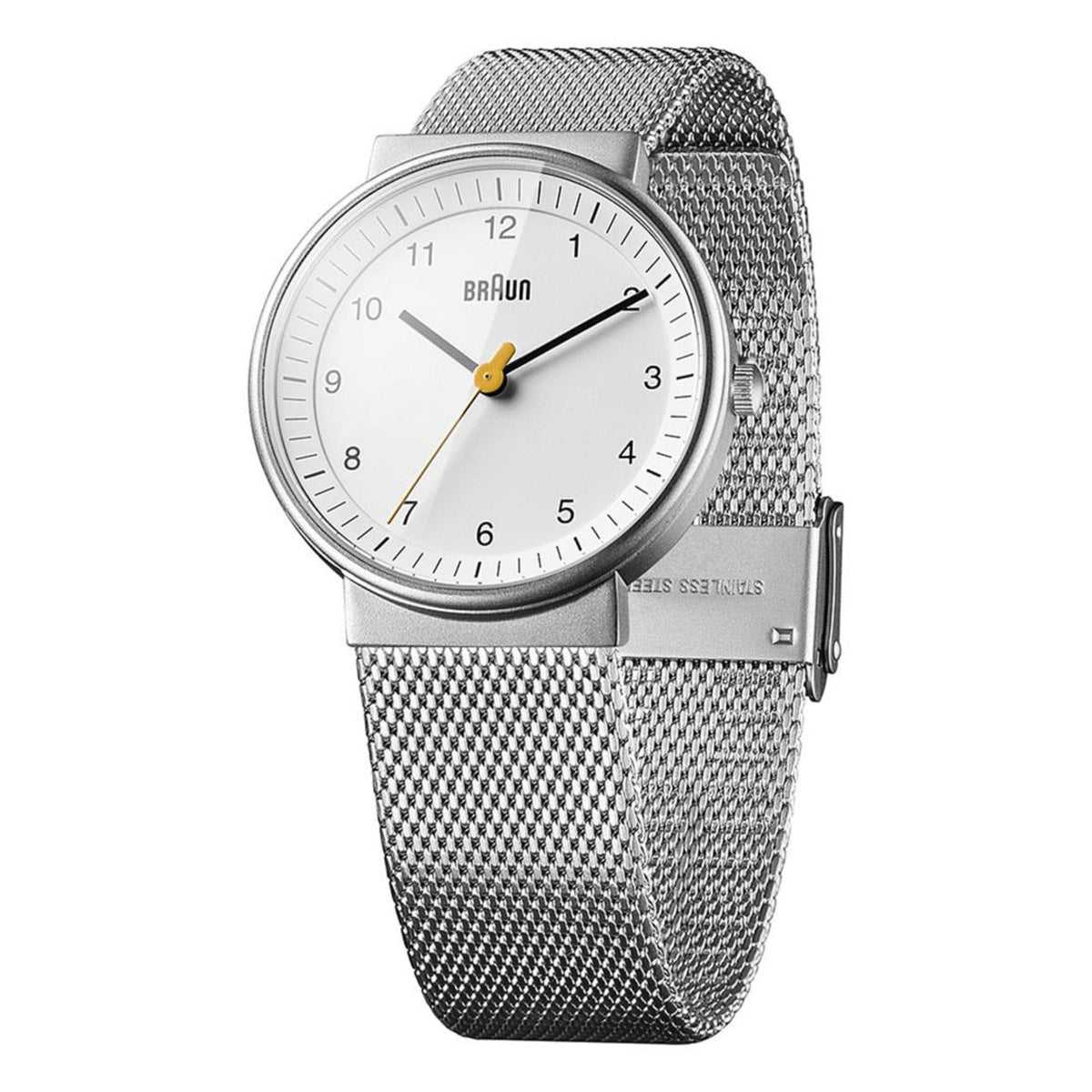 Silver mesh strap analog watch with white dial, black numerals, and right-side crown