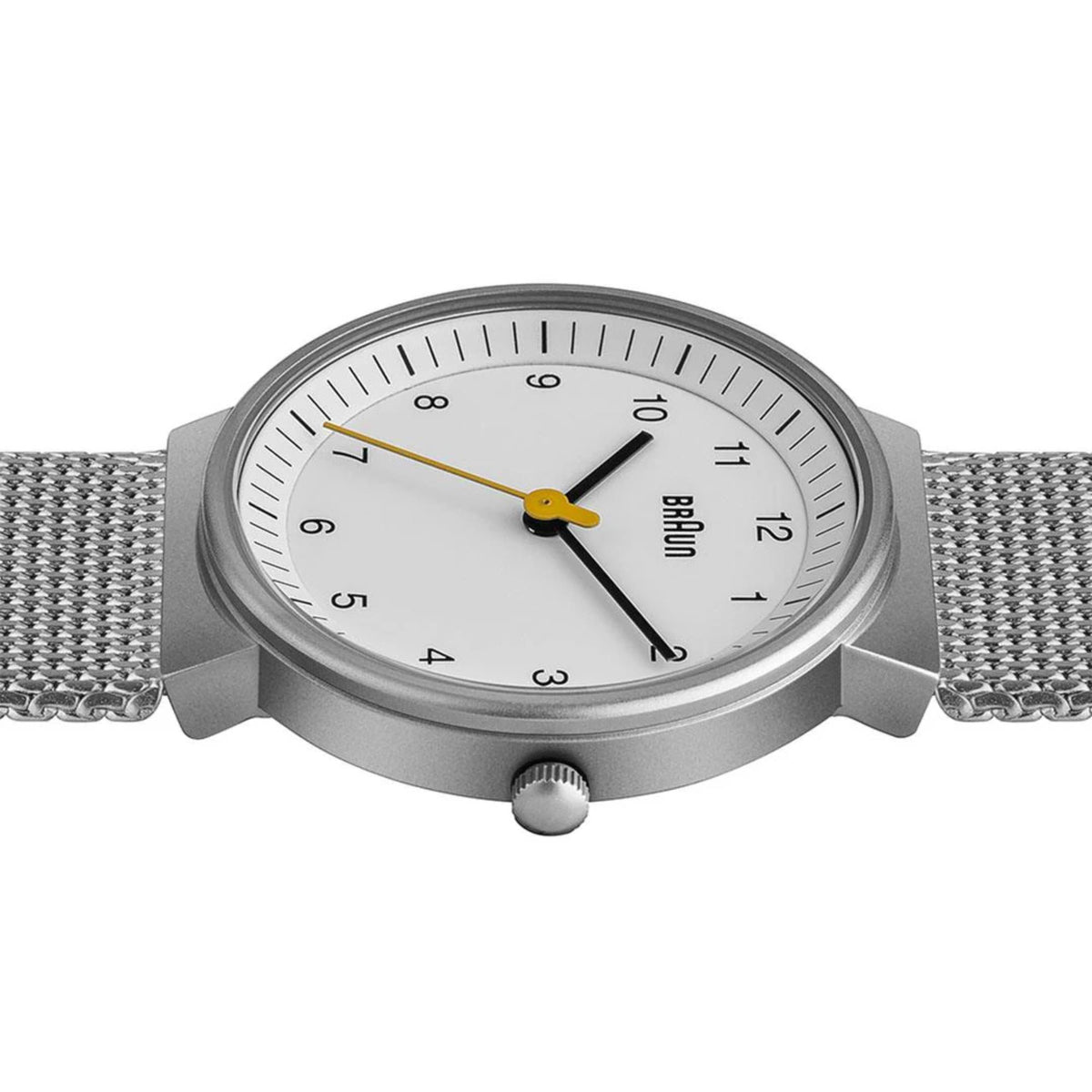 Stainless steel watch case with silver mesh bracelet and white dial, hour markers visible