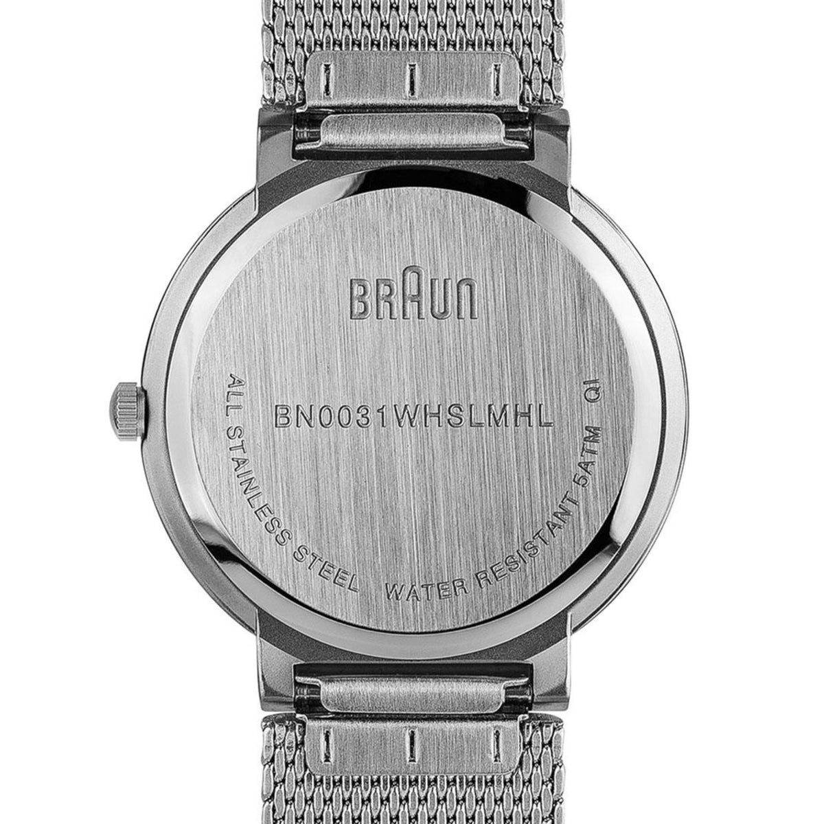 Back of silver stainless steel watch case with Braun model text and mesh strap