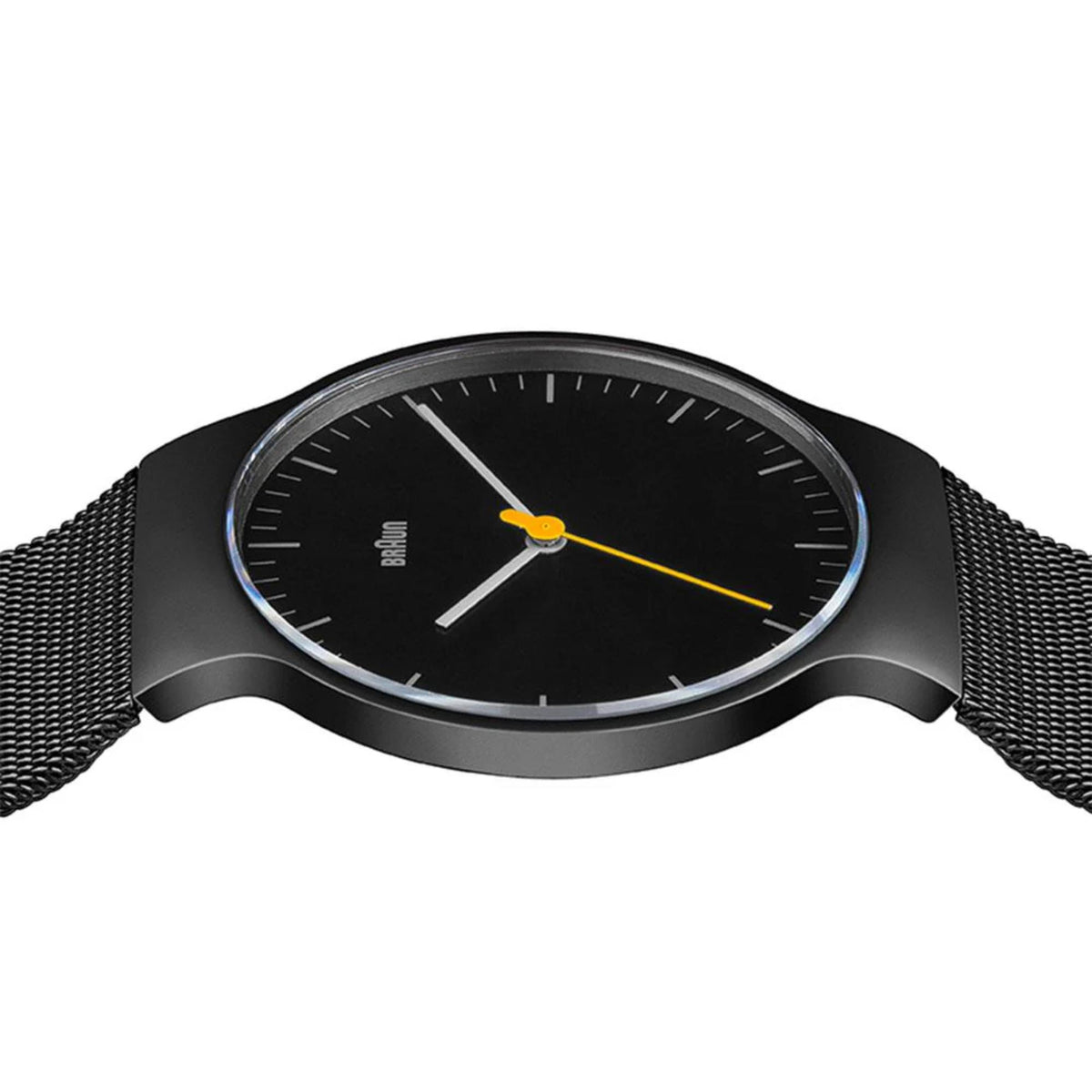 Black dial wristwatch with yellow hands, round bezel, and black mesh strap