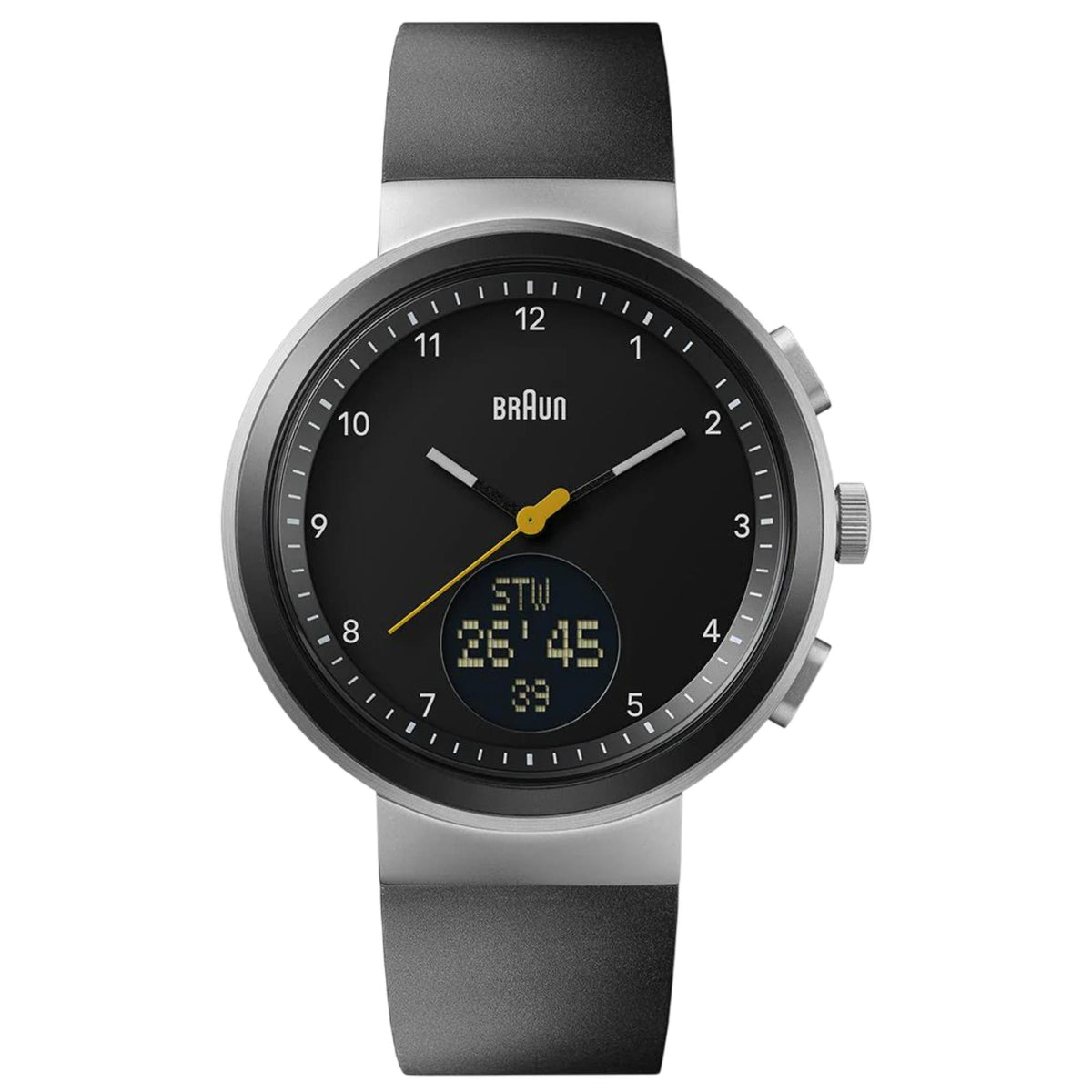 Braun Step watch with black dial, yellow hands, and black silicone strap