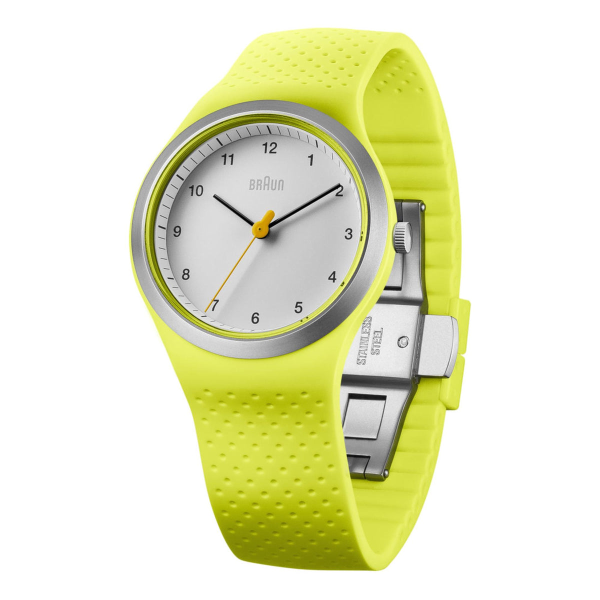 Braun Sport BN0111WHGRL three-quarter angled view showing stainless steel clasp
