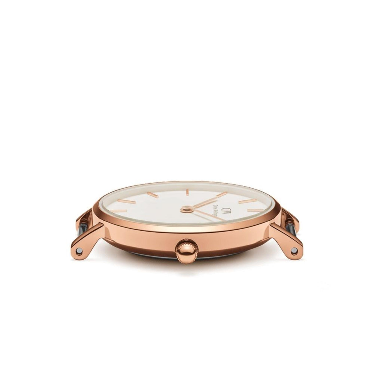 Daniel Wellington quartz watch with rose-gold case and white dial, side view