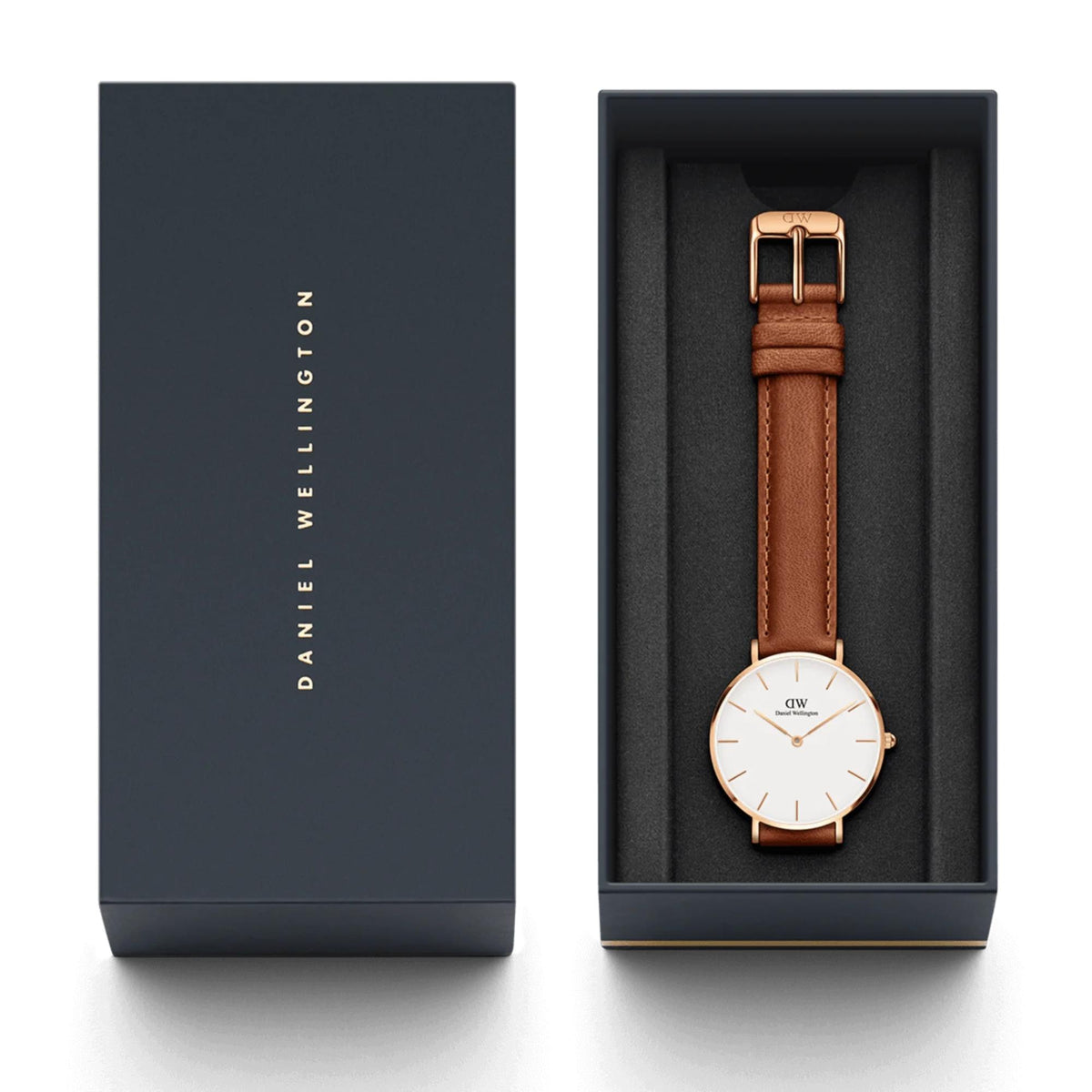 Petite quartz watch in presentation box with brown leather strap and white dial