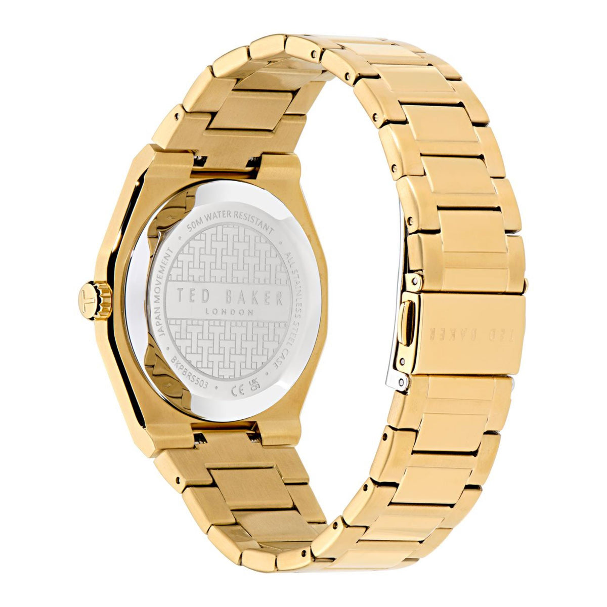Ted Baker stainless steel watch back with engraved water resistance and markings