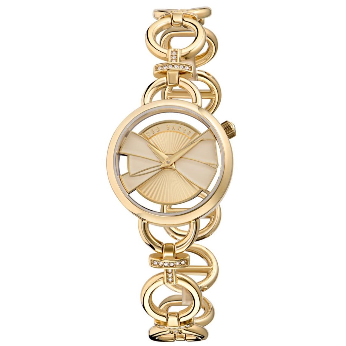 Gold-tone ladies wrist watch with round dial and link bracelet with crystal accents