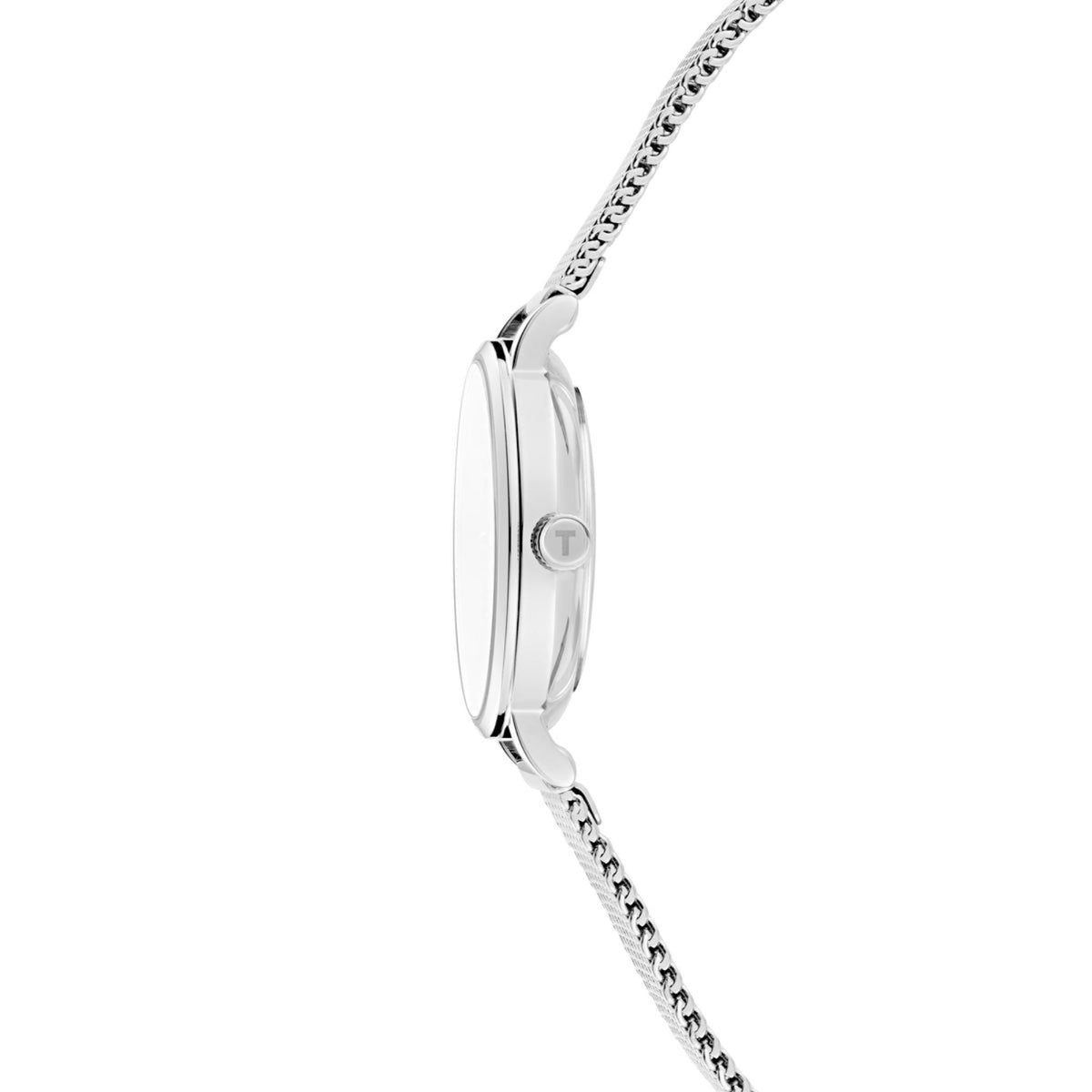 Stainless steel mesh strap watch side view with round case and crown