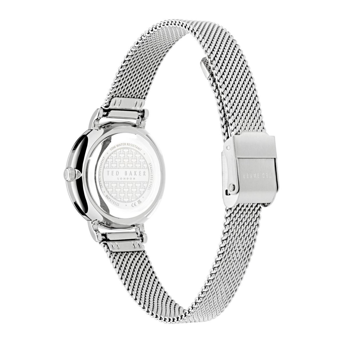 Stainless steel watch with mesh bracelet and clasp, showing case back