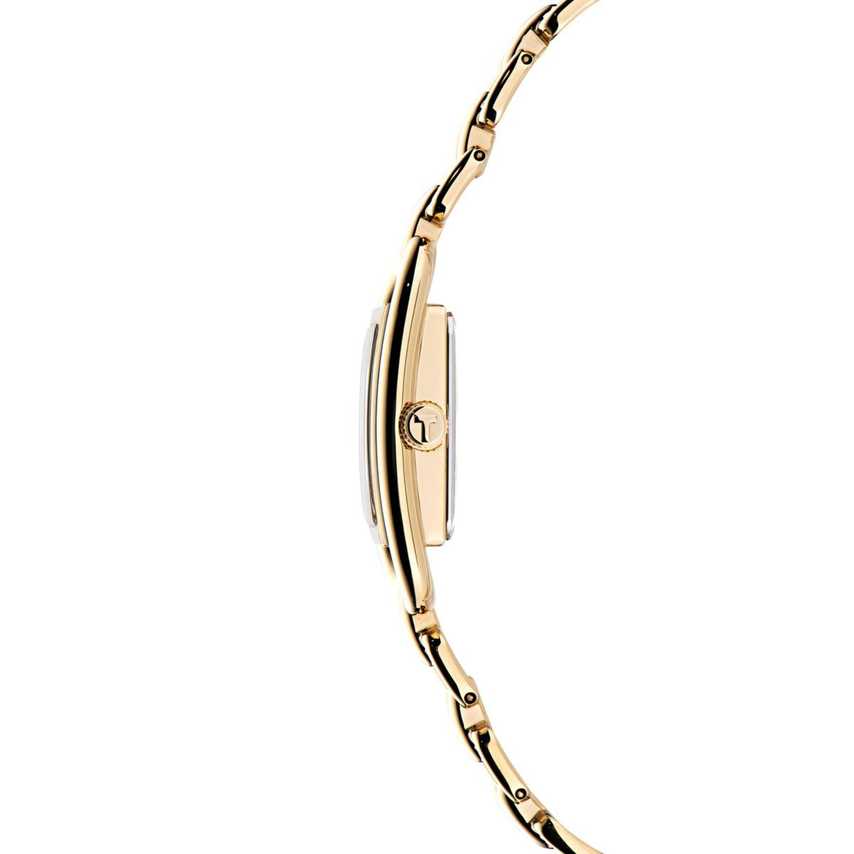 Gold-tone ladies watch with rectangular case and chain bracelet, side profile view.