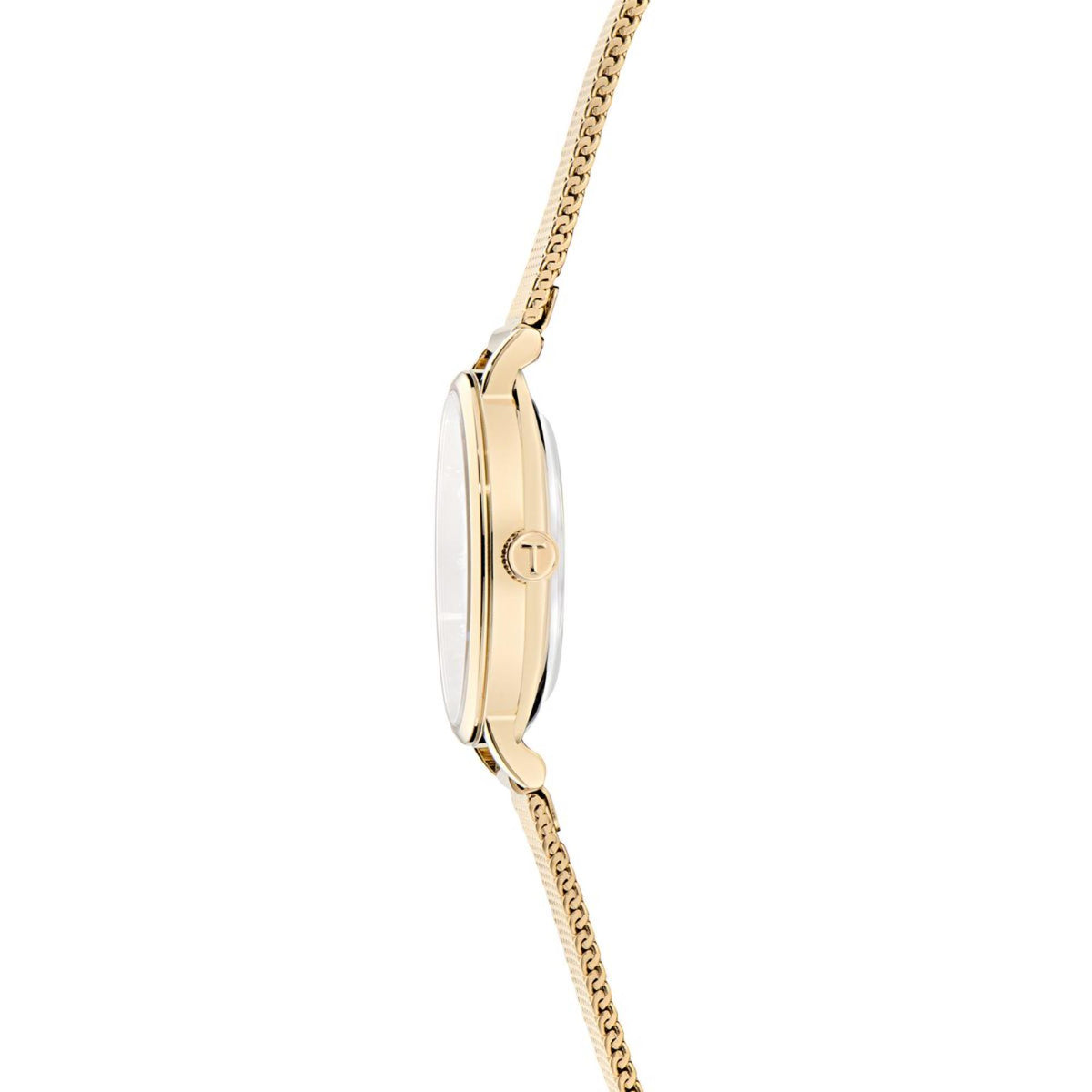 Ladies gold-tone watch side profile with crown and mesh bracelet links