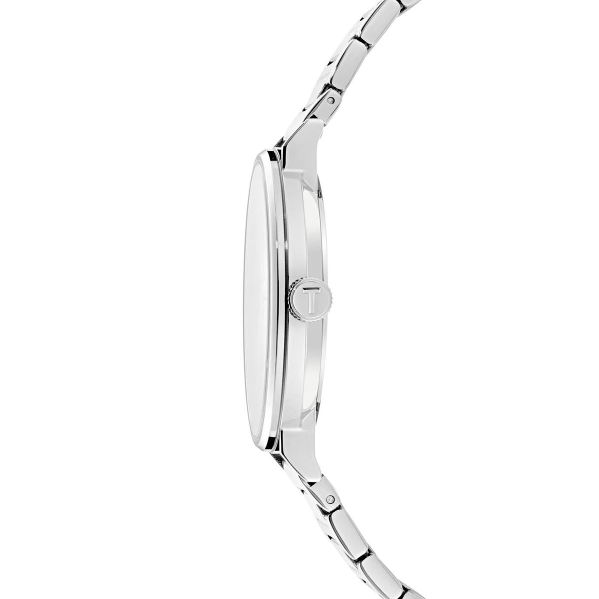 Stainless steel watch case side view with crown and metal bracelet