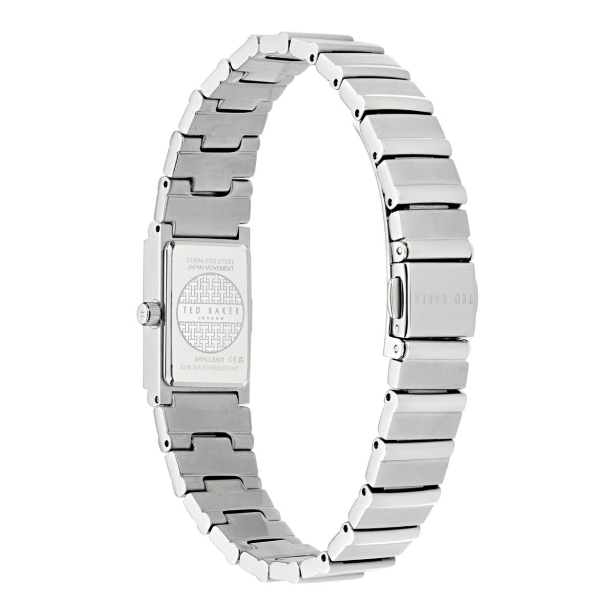 Stainless steel ladies watch with link bracelet shown from the back