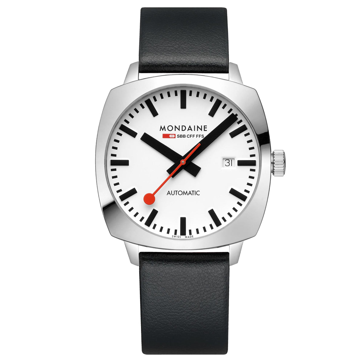 Mondaine Cushion automatic watch with white dial, black leather strap, silver case, date window