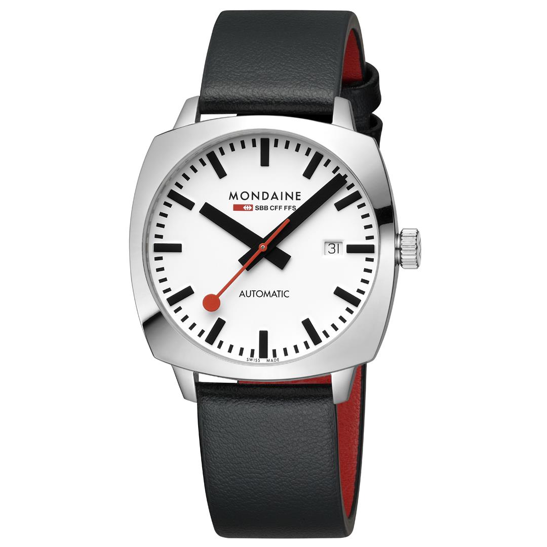 Mondaine Cushion automatic watch with white dial, black leather strap, silver case, red accents