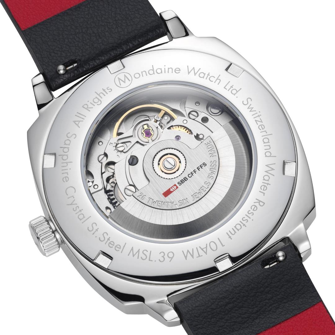 Mondaine Cushion watch caseback with visible automatic movement under clear back