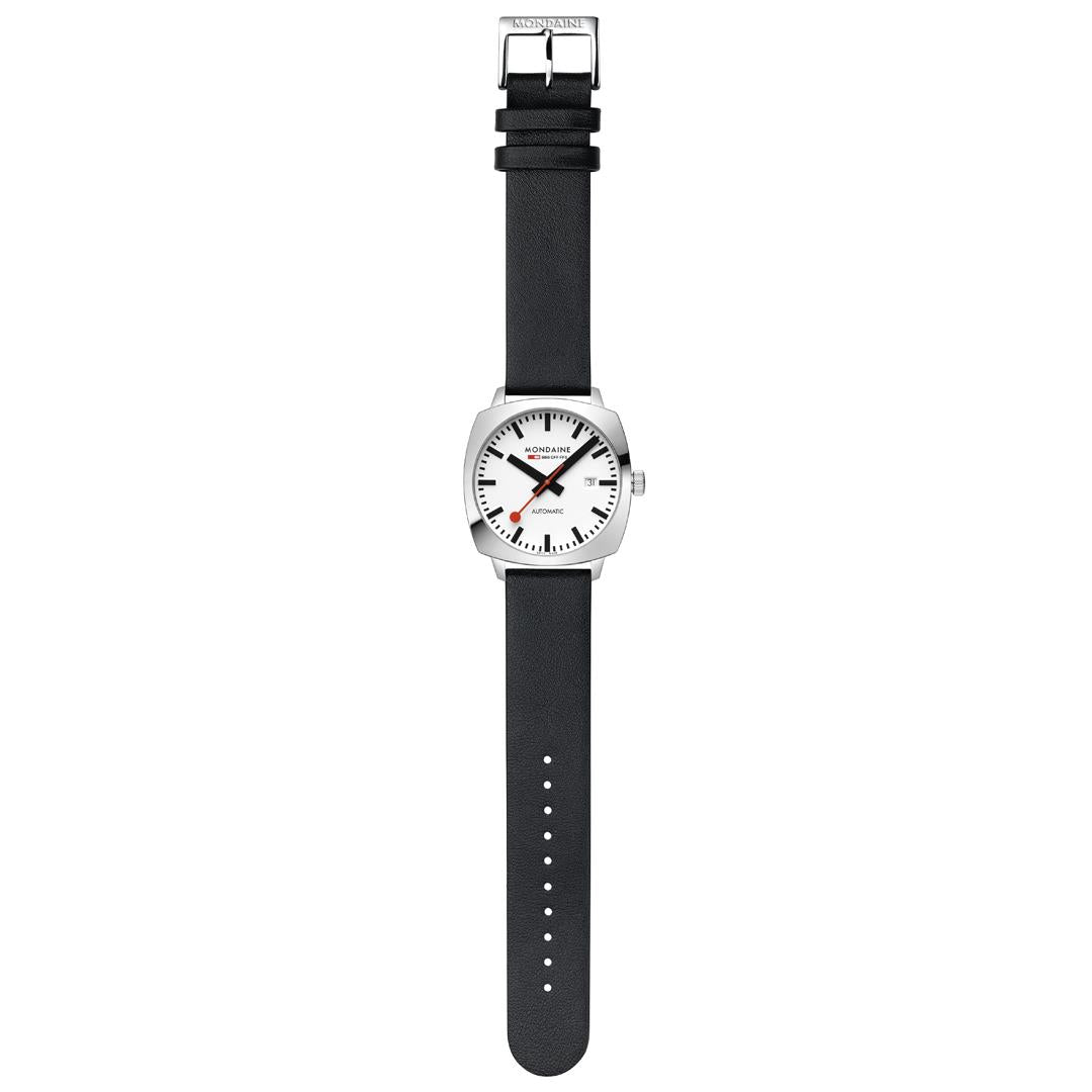 Mondaine Cushion watch with white dial and black leather strap, small crown detail