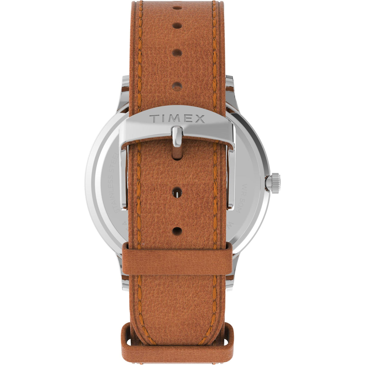 Back of wristwatch showing caseback details and brown leather strap with stitching