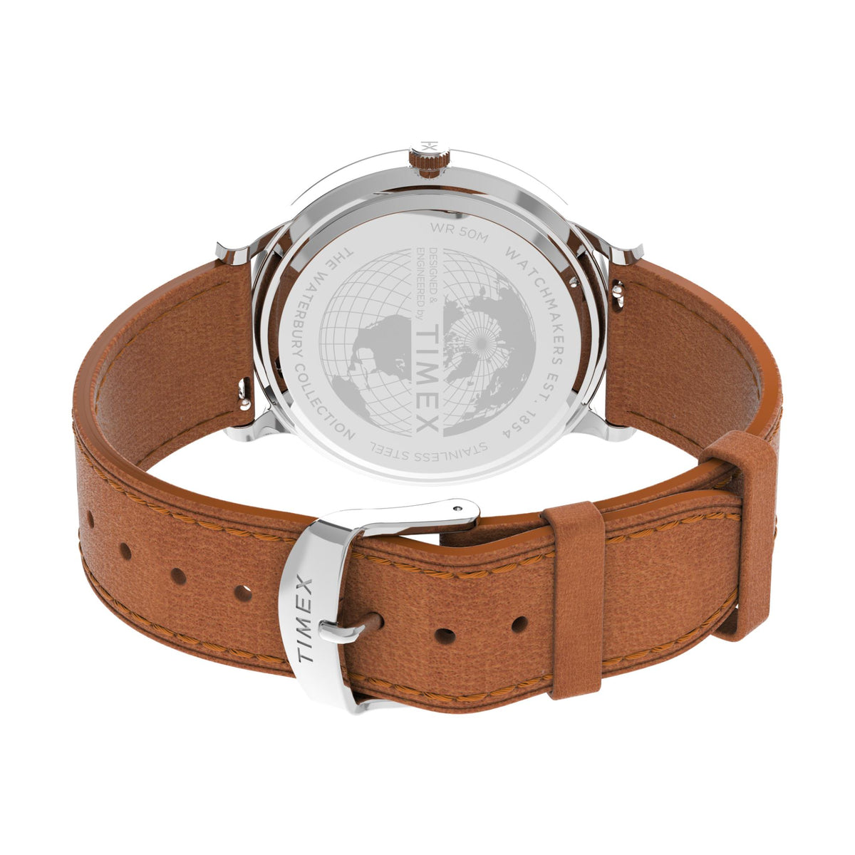 Brown leather strap with metal buckle and engraved caseback on men's watch
