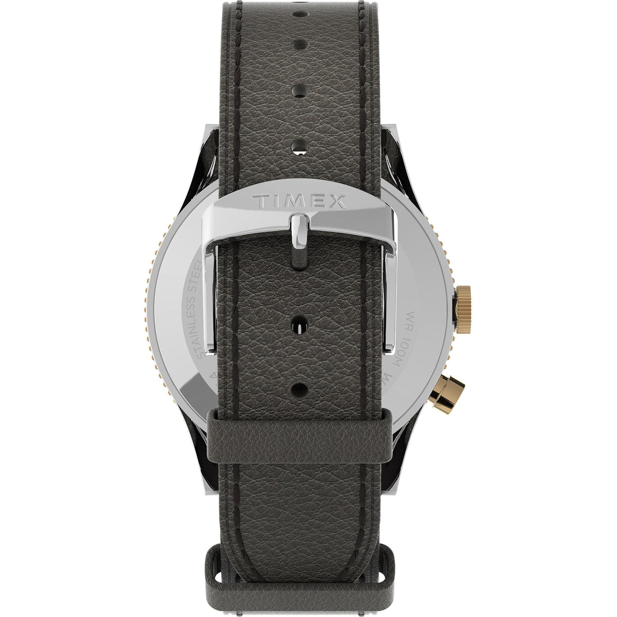 Timex men’s quartz watch back view with black leather strap and stainless steel case