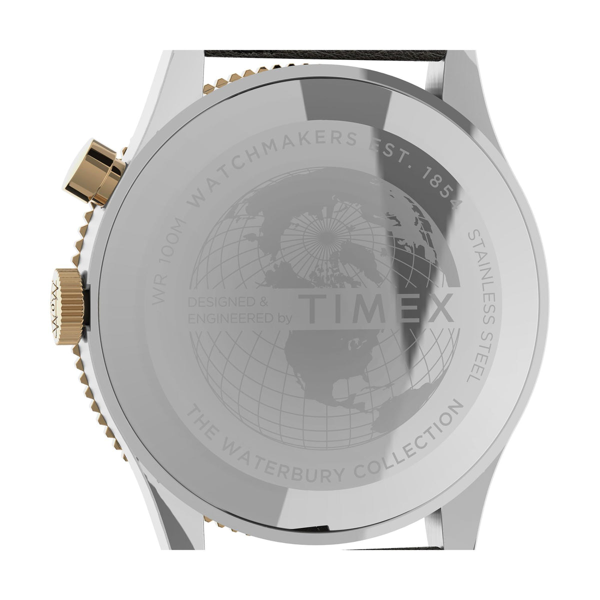 Stainless steel case back of Timex Waterbury quartz watch with globe engraving