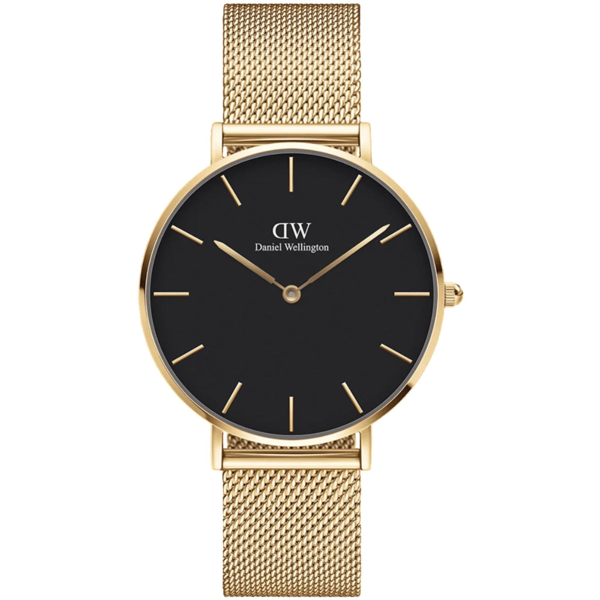 Petite ladies quartz watch with black dial and gold-tone mesh bracelet