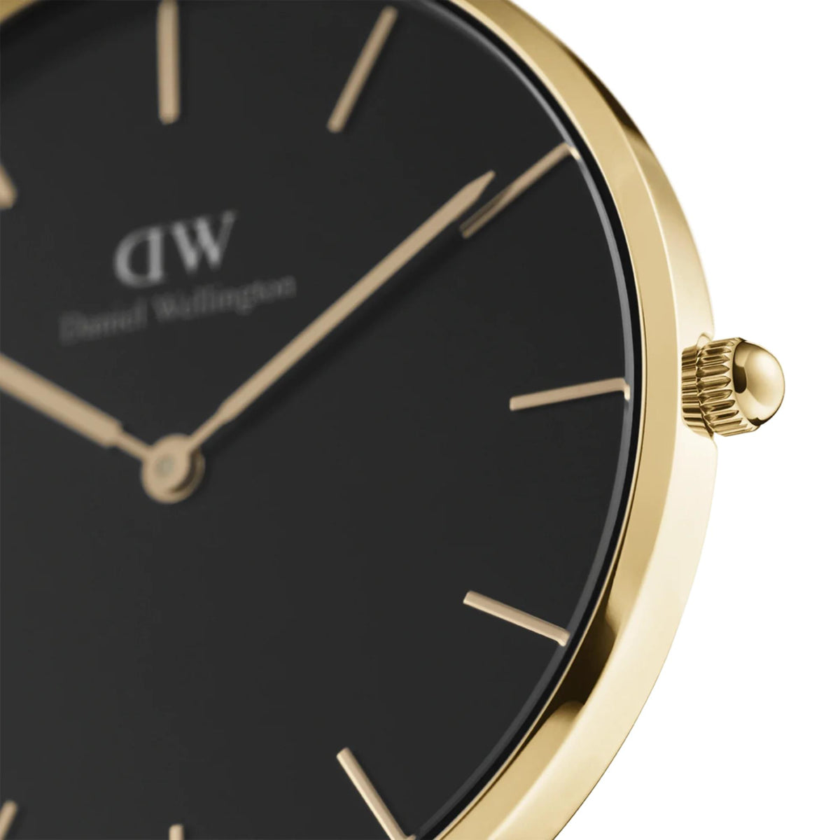 Gold-tone bezel quartz watch with black dial and minimalist index hands