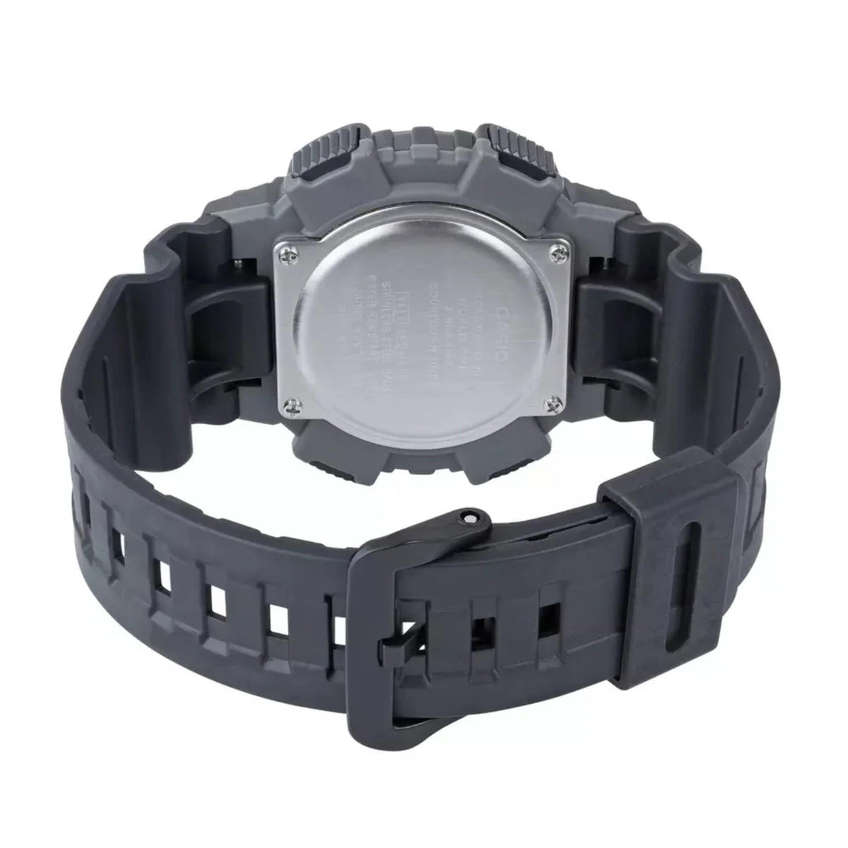 Black resin strap watch with silver case back plate and screw details