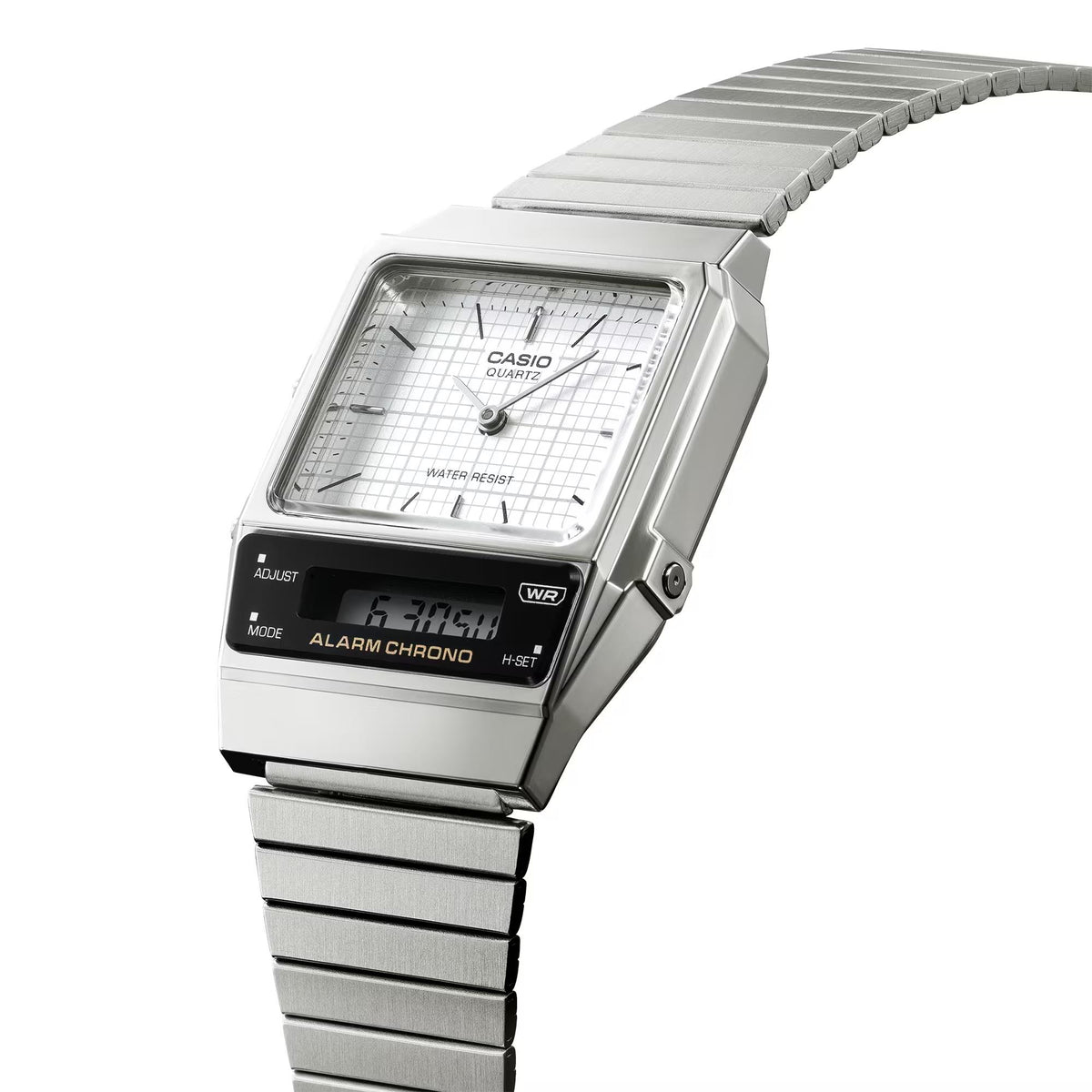Side angle highlighting the metallic casing, side push buttons, and silver band of the Casio Vintage Edgy AQ-800E-7AEF