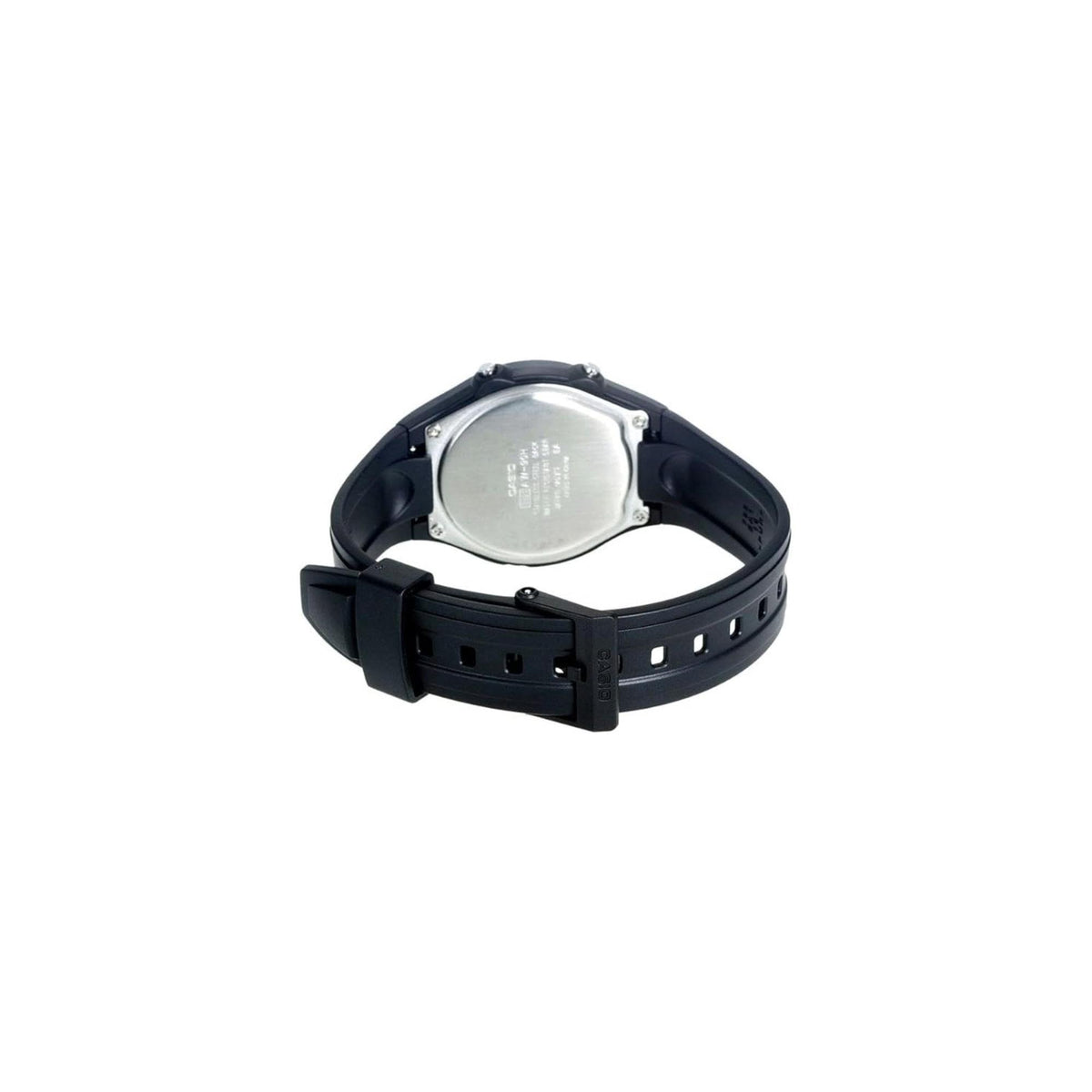 Casio Collection AW-90H-9EVEF back view showing stainless steel case back with resin strap loop
