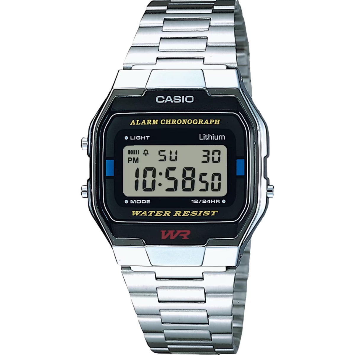 Casio Collection A163WA-1QES front view showing quartz digital watch display with steel strap