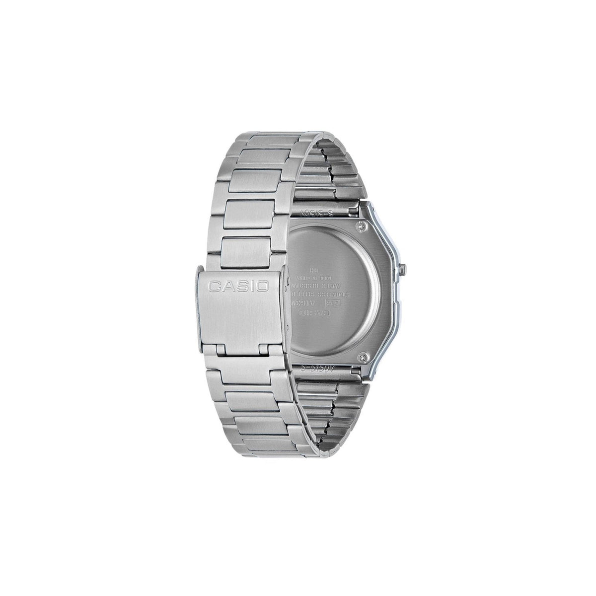Casio Collection A163WA-1QES rear perspective showing engraved stainless steel back case and deployment clasp