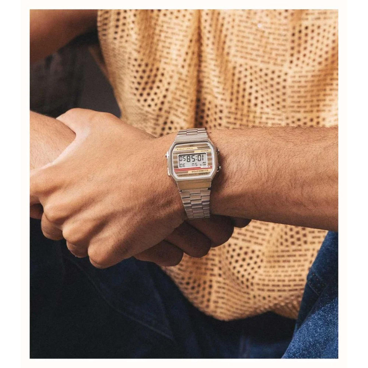 Front-facing wrist shot highlighting the rectangular bezel of the Casio Vintage watch A168WEHA-9AEF