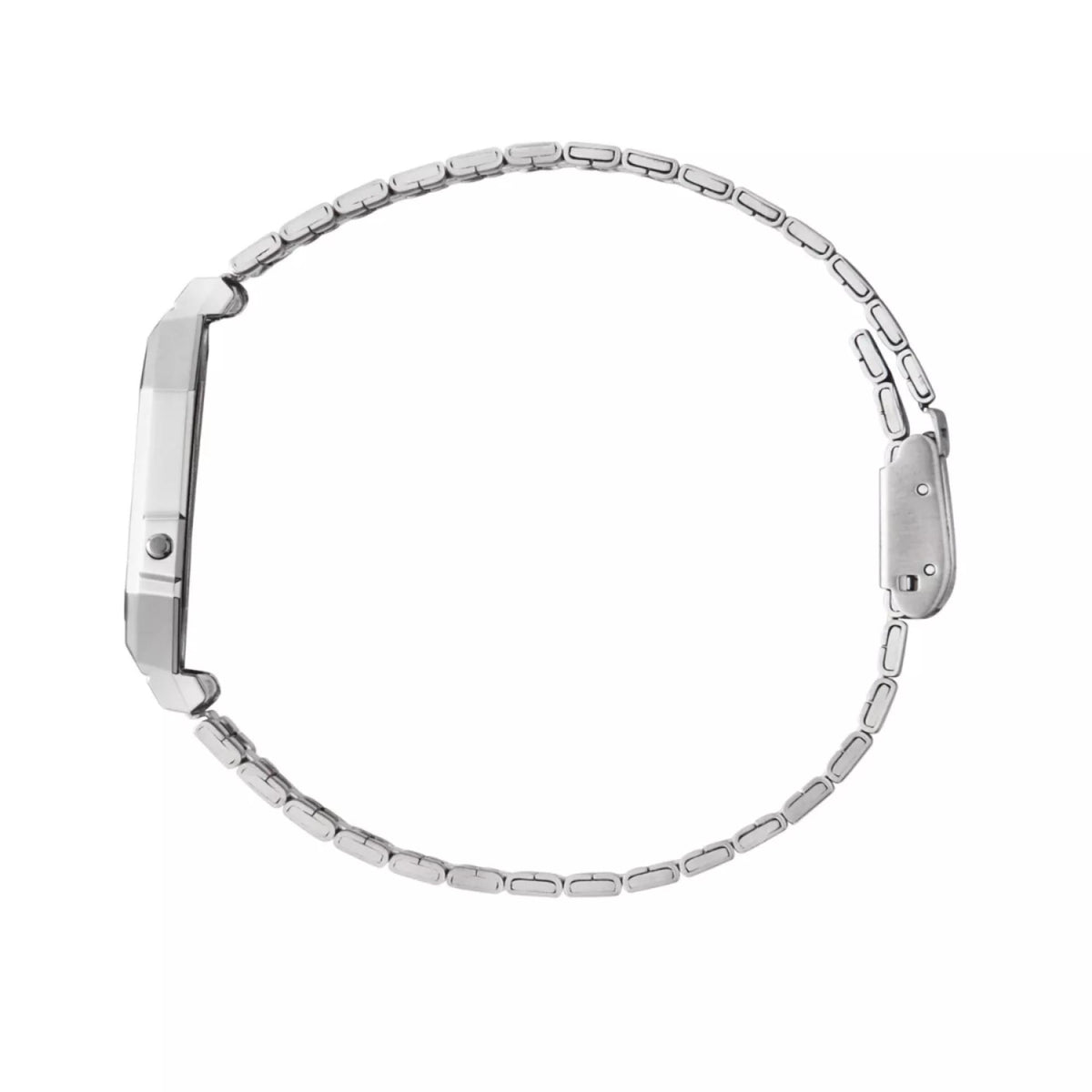 Silver metal watch bracelet links with clasp, no dial visible