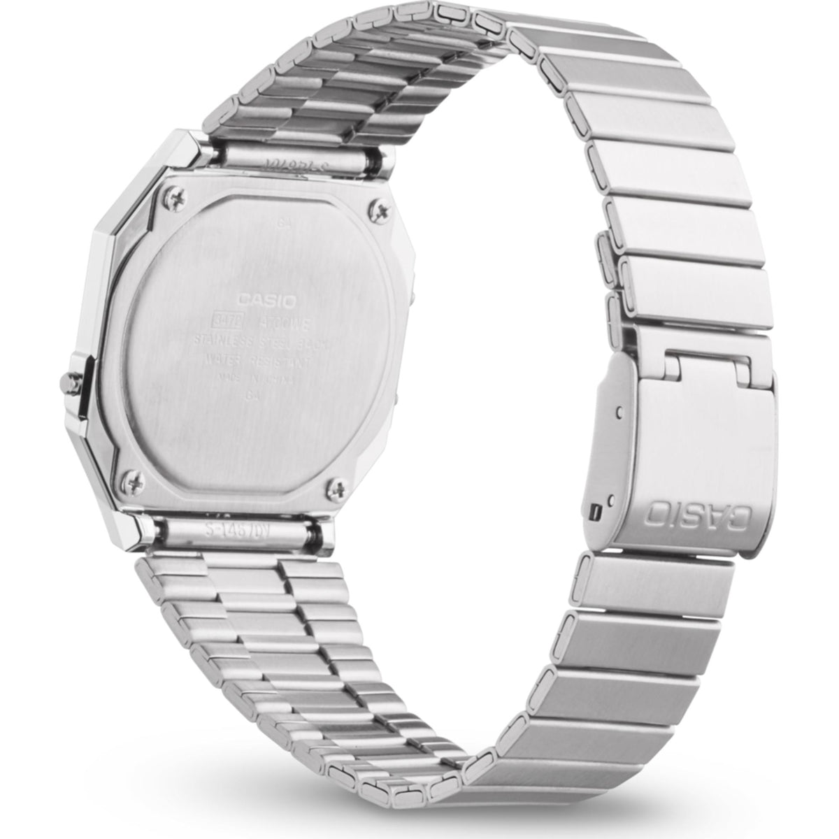 Silver metal watch case back and bracelet with Casio logo on the reverse