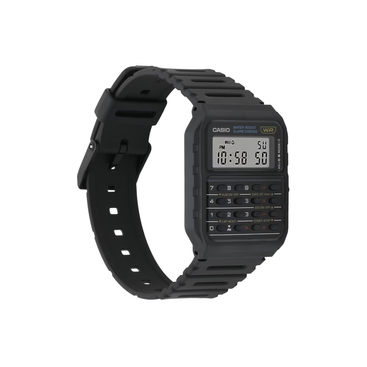 Left-angled view of the retro Casio Vintage CA-53W-1ER black digital calculator wristwatch